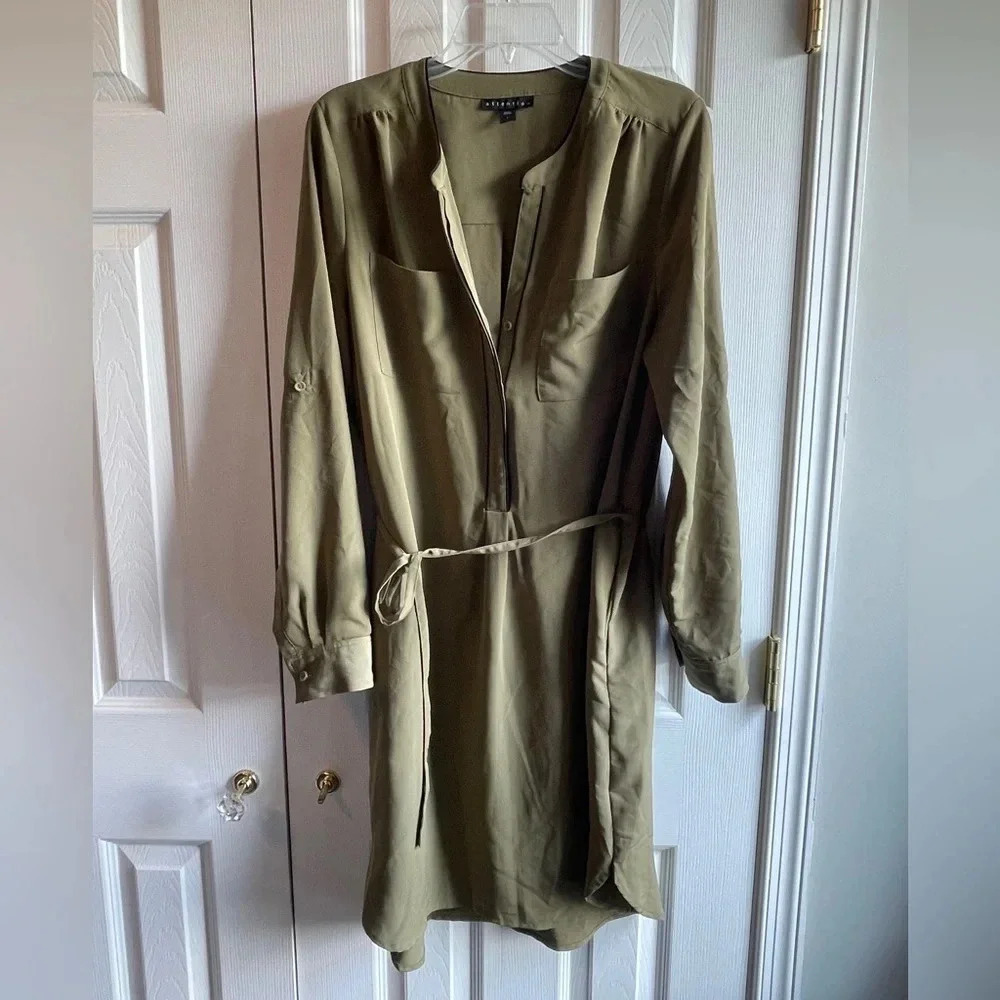 Olive Green Shirt Dress with Black Trim Waist Tie and Roll-Up Sleeves, Size L